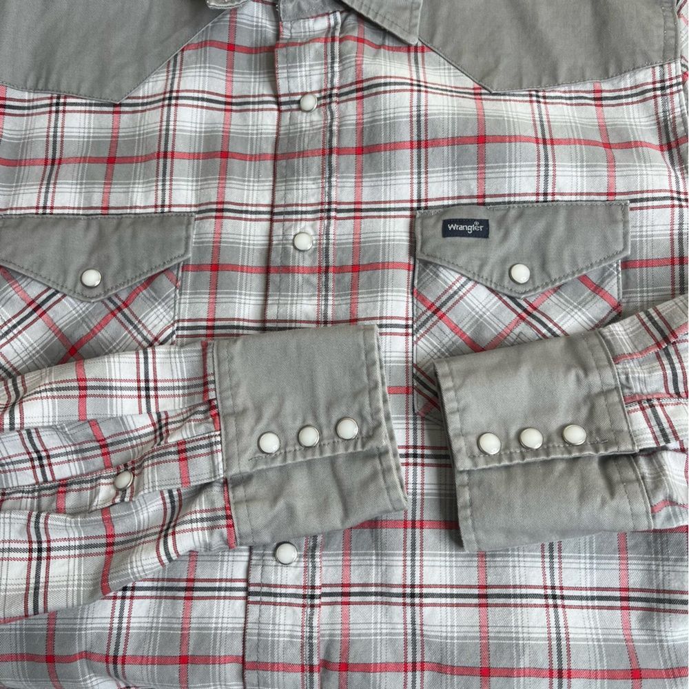 Wrangler Brushpopper Plaid Gray Red Pearl Snap Long Sleeve Shirt Men Size Large - Picture 5 of 13